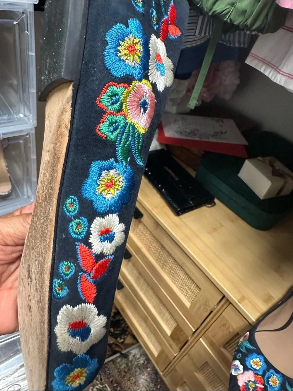 Tory Burch Navy Pointed-Toe Flats with Multicolor Floral Embroidery